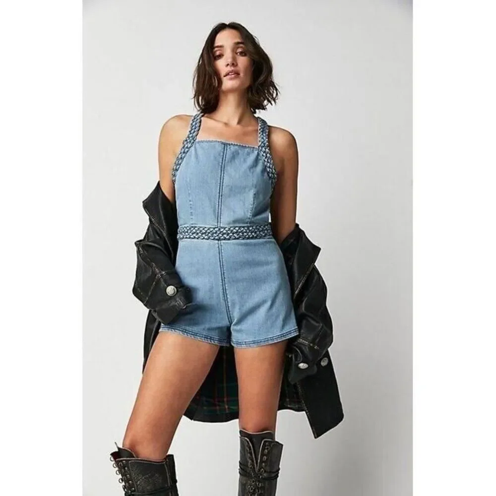 Free People Revolve Denim Romper S Open Back Retro Festival Y2K Trip Blue Karina